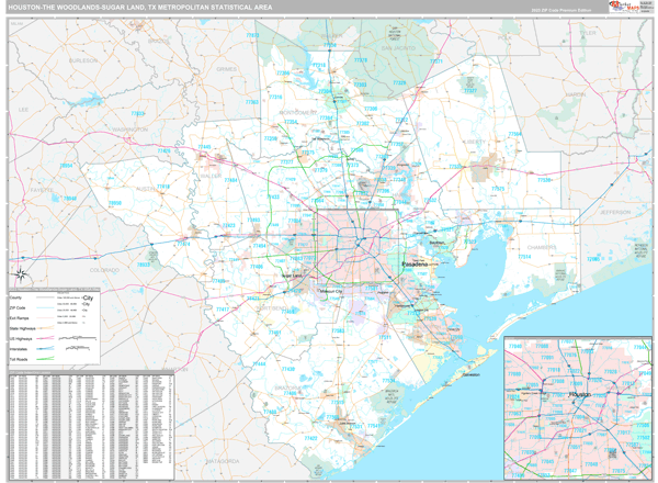 Houston-The Woodlands-Sugar Land Metro Area Wall Map Premium Style
